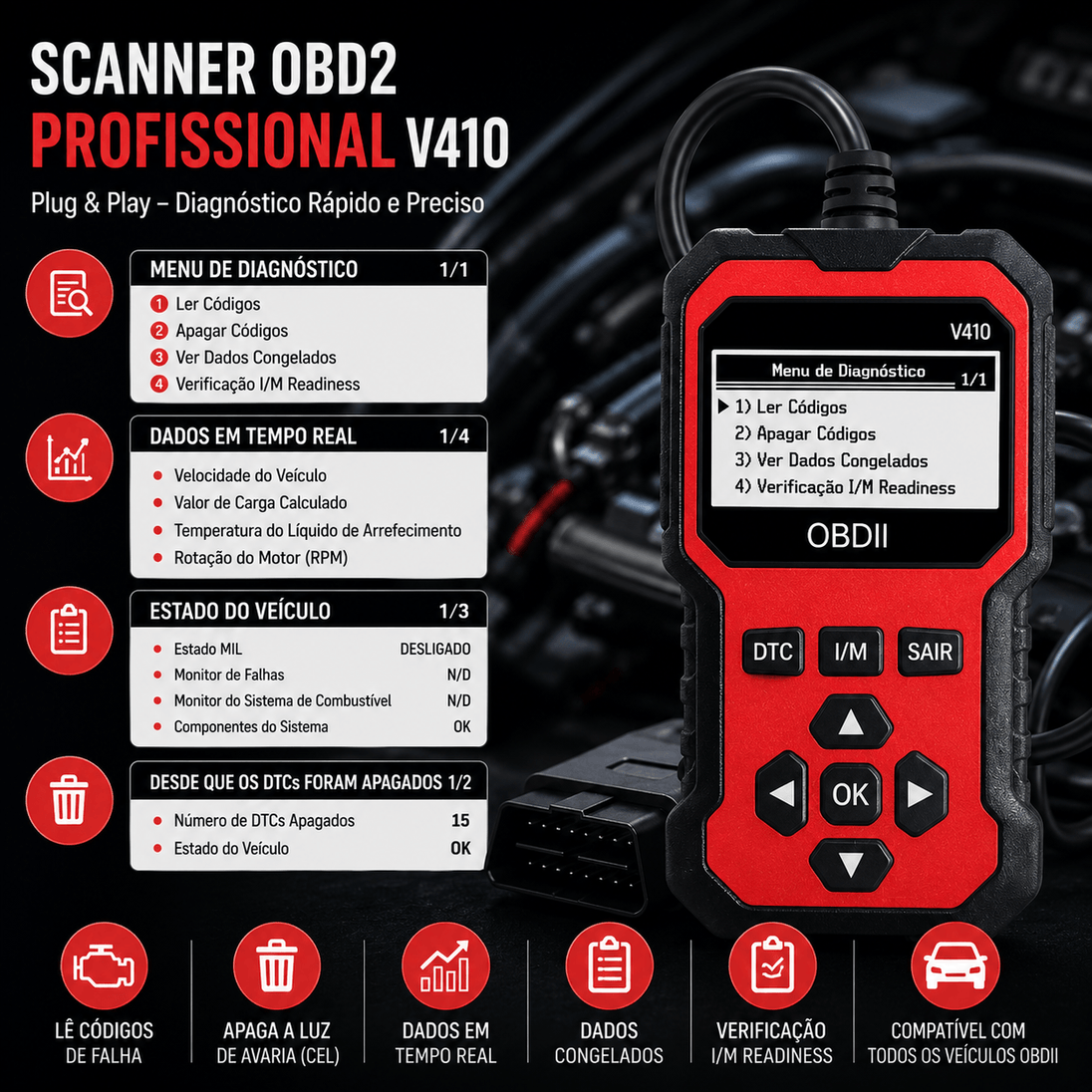 Scanner Automotivo Universal: Diagnóstico Eficiente para Veículos com OBD2 V410 para diagnósticos rápidos e precisos.
