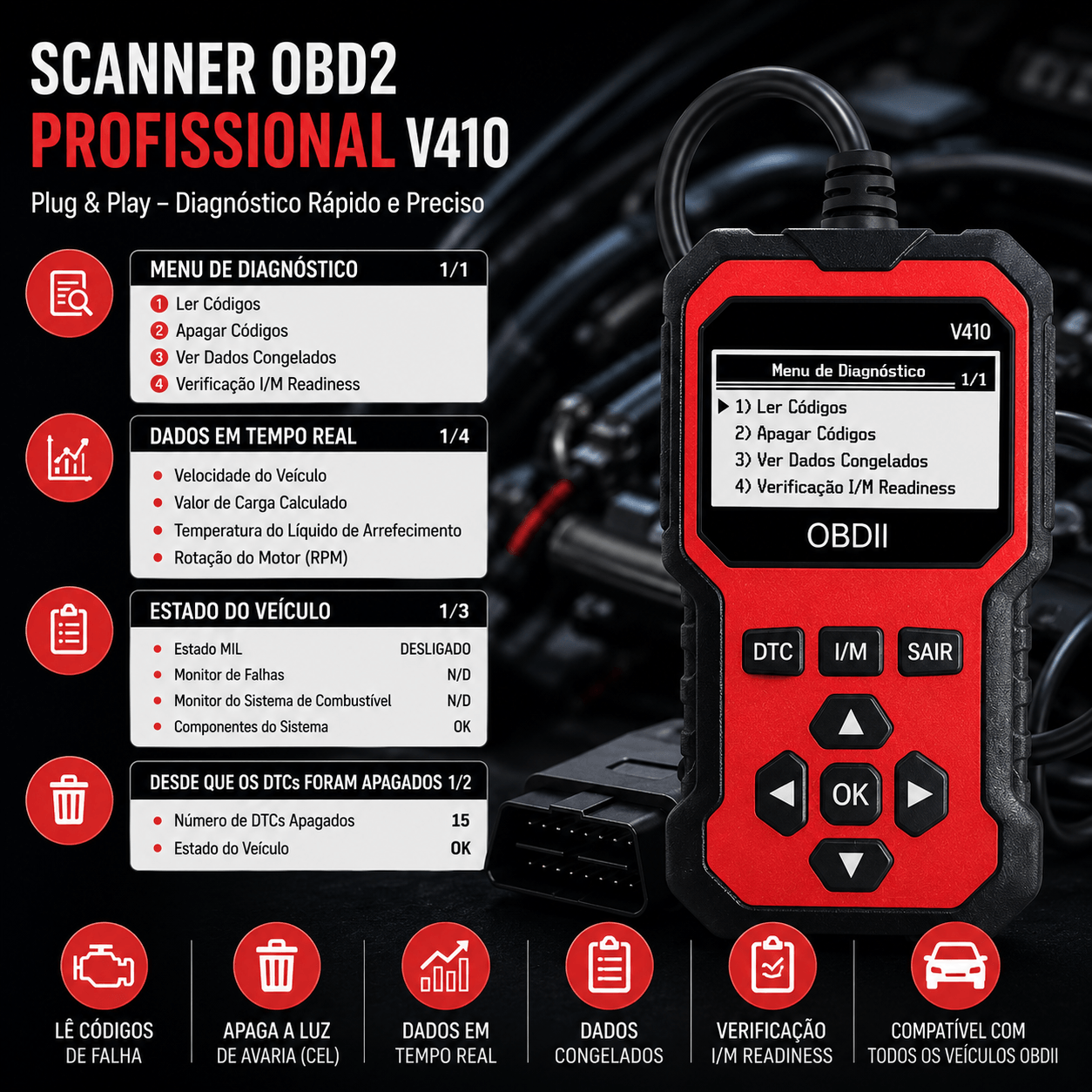 Scanner Automotivo Universal: Diagnóstico Eficiente para Veículos com OBD2 V410 para diagnósticos rápidos e precisos.