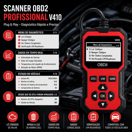 Scanner Automotivo Universal: Diagnóstico Eficiente para Veículos com OBD2 V410 para diagnósticos rápidos e precisos.