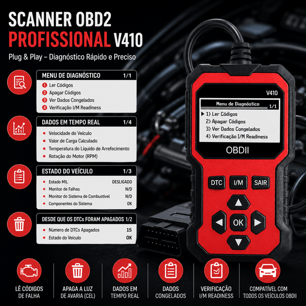 Scanner Automotivo Universal: Diagnóstico Eficiente para Veículos com OBD2 V410 para diagnósticos rápidos e precisos.