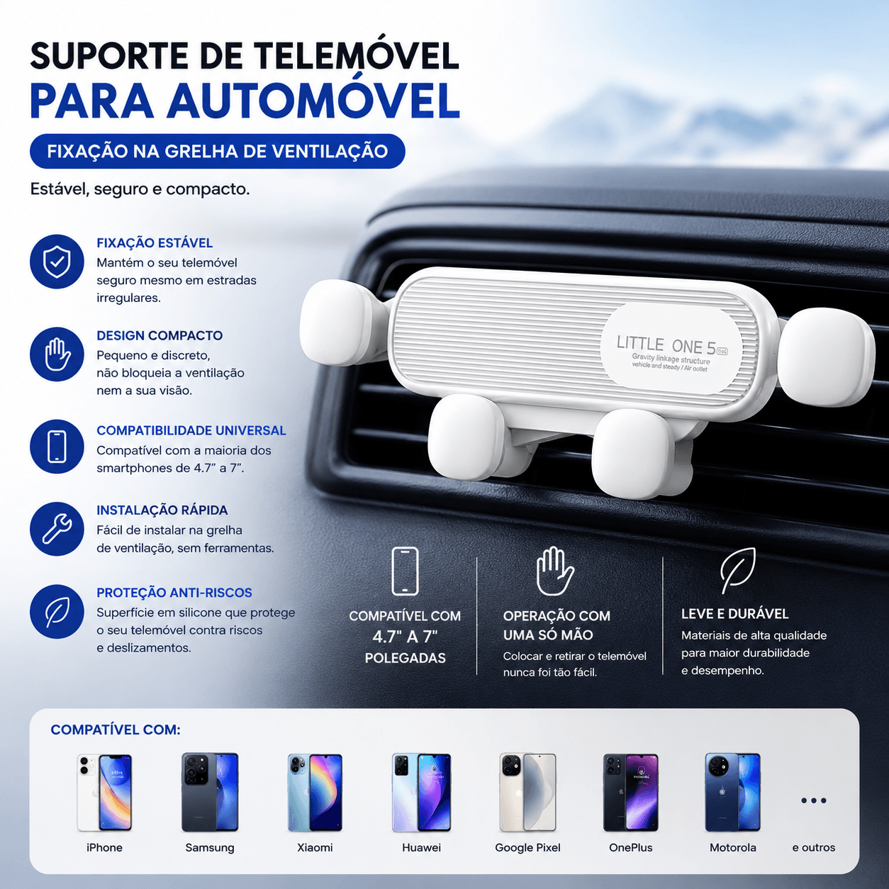 Suporte Para Smartphone Mãos-Livres: Praticidade e Segurança - suporte compacto para automóvel na grelha de ventilação.