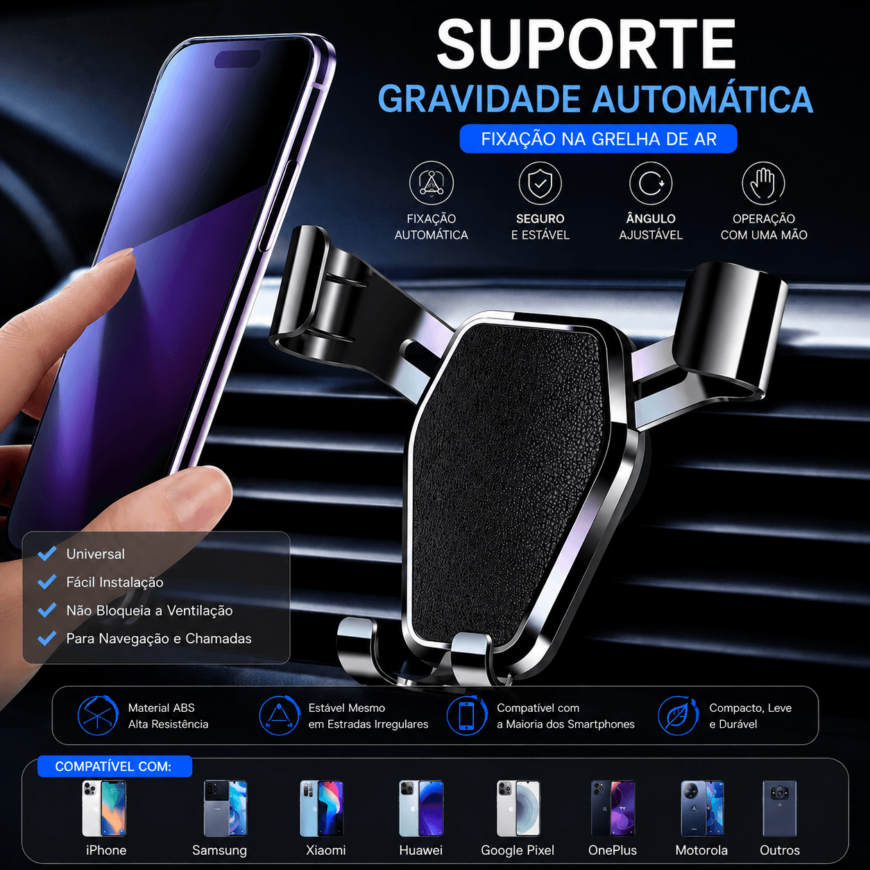 Suporte Telemóvel Carro com Fixação por Gravidade montado em grelha de ar, mantendo o smartphone seguro durante a condução.