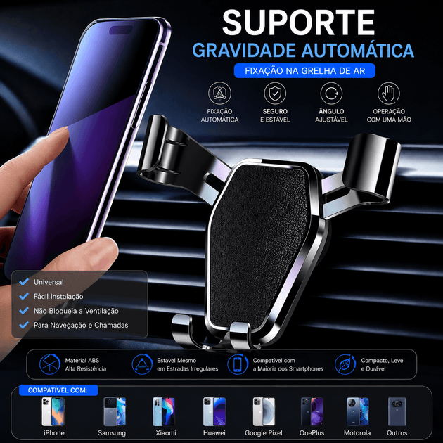 Suporte Telemóvel Carro com Fixação por Gravidade montado em grelha de ar, mantendo o smartphone seguro durante a condução.