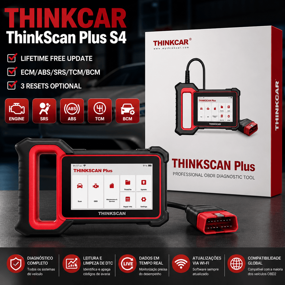 Thinkcar OBD2 Scanner: Diagnóstico Completo de Veículos - ThinkScan Plus S4 com ferramentas de diagnóstico.