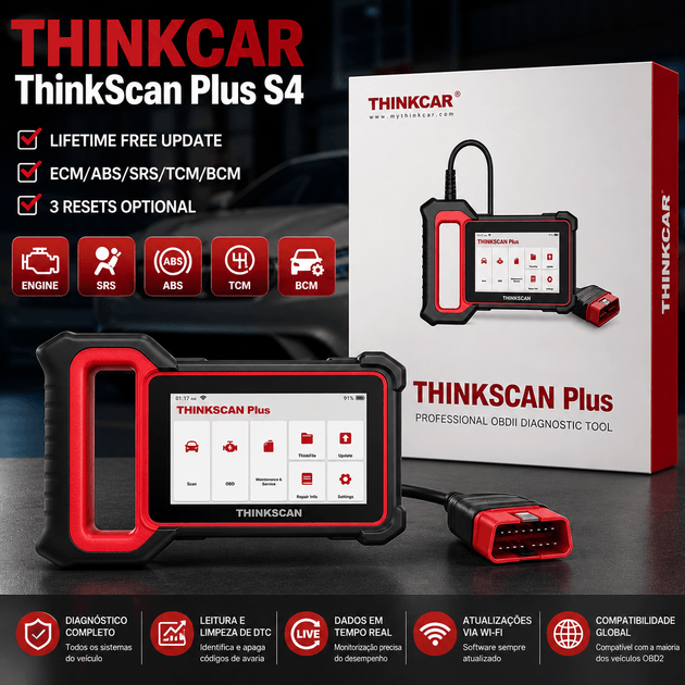 Thinkcar OBD2 Scanner: Diagnóstico Completo de Veículos - ThinkScan Plus S4 com ferramentas de diagnóstico.