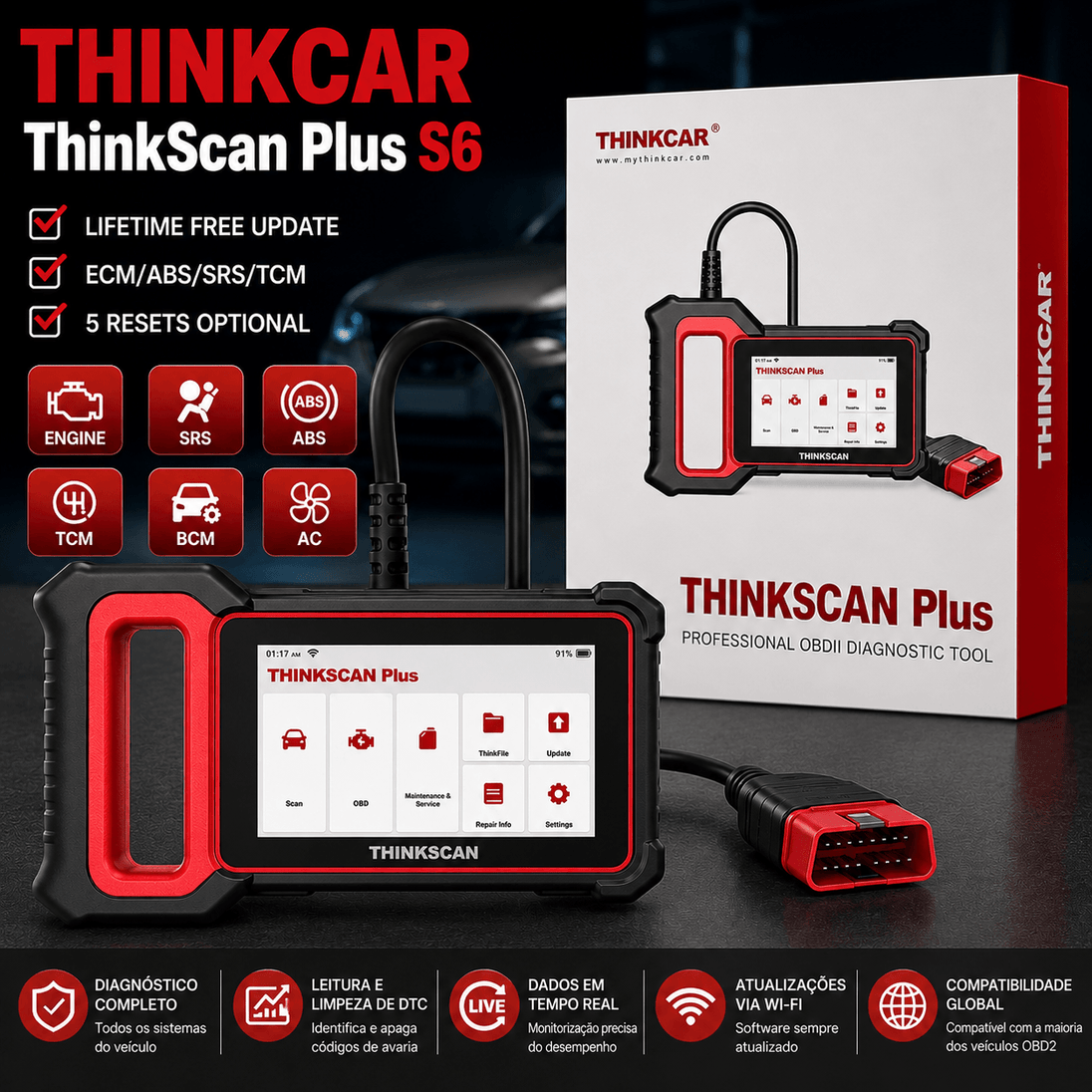 Thinkcar OBD2 Scanner: Diagnóstico Completo de Veículos, ferramenta de diagnóstico automotivo THINKSCAN Plus S6.