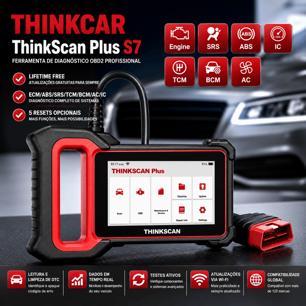 Thinkcar OBD2 Scanner: Diagnóstico Completo de Veículos - ThinkScan Plus S7, ferramenta de diagnóstico OBD2 profissional.