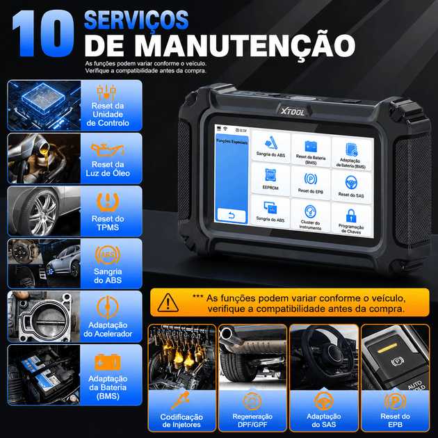 Scanner Automotivo Profissional XTOOL D5 - Diagnóstico Avançado com 10 serviços de manutenção destacados.